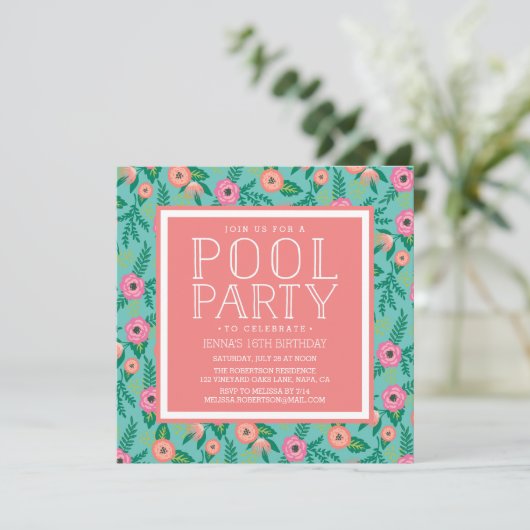 Summer Blooms Pool Party nodiging Kaart (Staand voorkant)