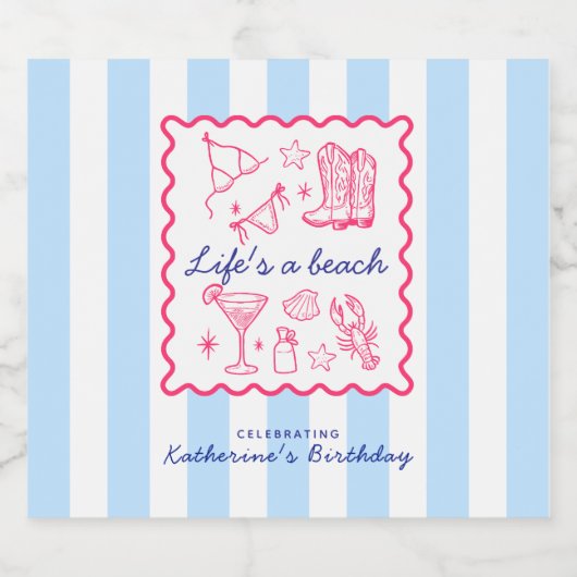 Summer Blue Beach Favorites Birthday Party  Sparkling Wijnetiket (Enkel label)