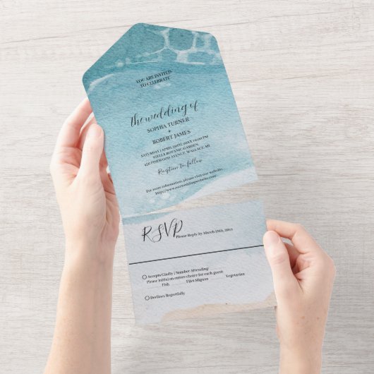 Summer Blue Beach Wedding All In One Uitnodiging (Afscheurbaar)