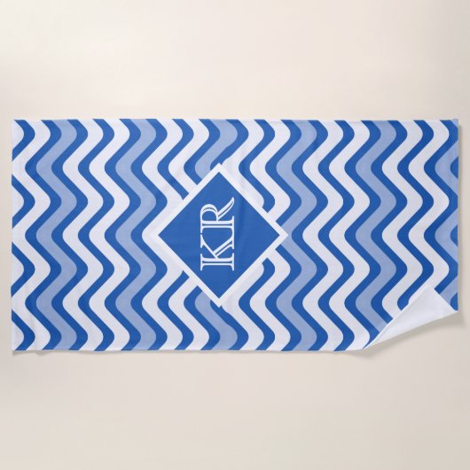 Summer Blue Chevron Zig Zag Stripe Monogram Strandlaken (Voorkant)
