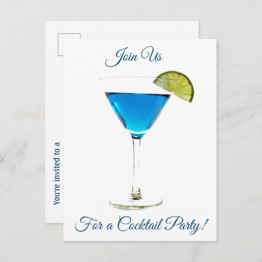 Summer Blue Cocktail Party Invitation Uitnodiging Briefkaart (Voorkant / Achterkant)