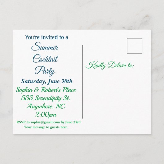 Summer Blue Cocktail Party Invitation Uitnodiging Briefkaart (Achterkant)