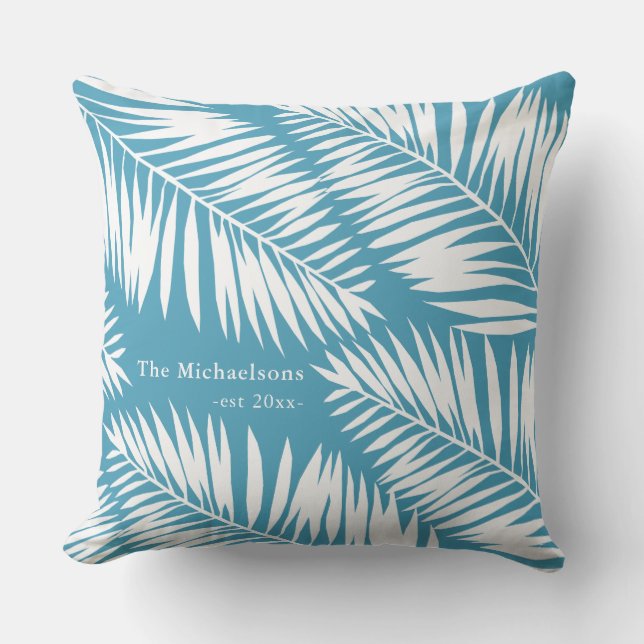 Summer Blue en White Palms met naam en jaar Buitenkussen (Voorkant)
