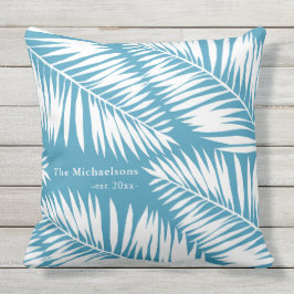 Summer Blue en White Palms met naam en jaar Buitenkussen