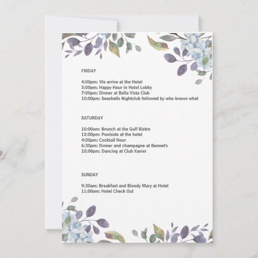 Summer Blue Floral Bachelorette Weekend Kaart (Achterkant)