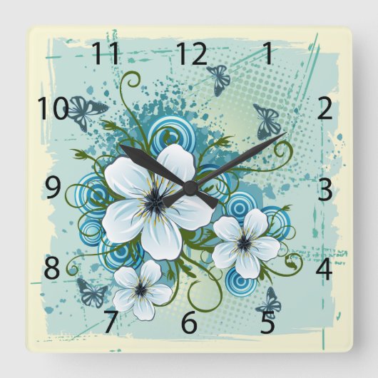 Summer Blue Floral & Butterflies Vierkante Klok (Voorkant)