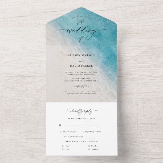 Summer Blue Ocean Beach Wedding All In One Uitnodiging (Binnen)