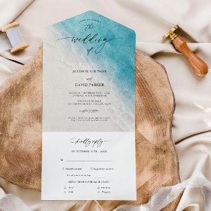 Summer Blue Ocean Beach Wedding All In One Uitnodiging