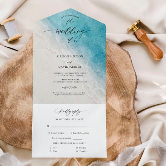 Summer Blue Ocean Beach Wedding All In One Uitnodiging