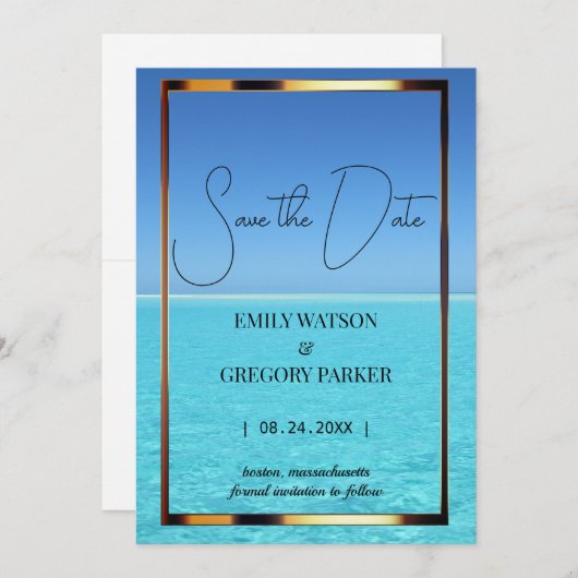 Summer Blue Ocean Beach Wedding Invitations Save The Date (Voorkant / Achterkant)