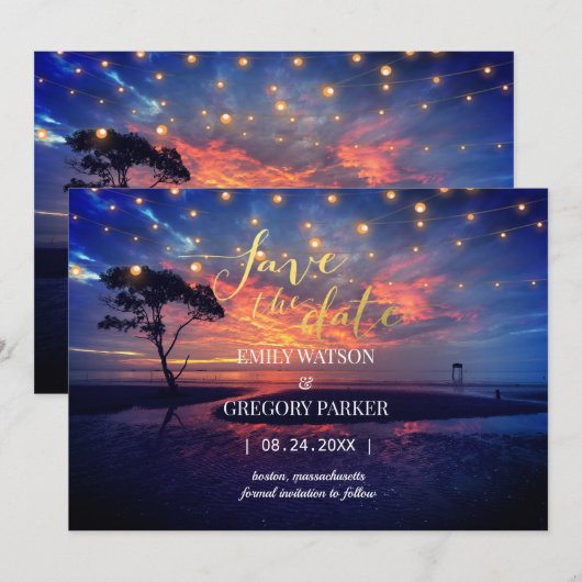 Summer Blue Ocean Beach Wedding Invitations Save The Date (Voorkant / Achterkant)