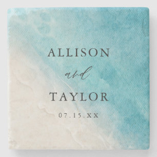 Summer Blue Ocean Beach Wedding Invitations Stenen Onderzetter