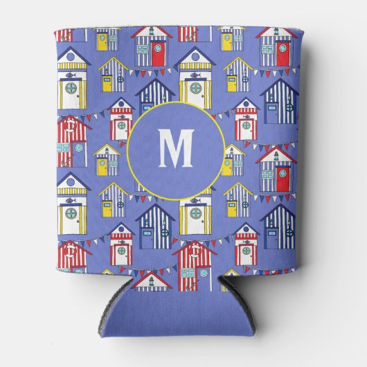 Summer Blue Seaside Beach Huts Print Monogram Blikjeskoeler (Voorkant)