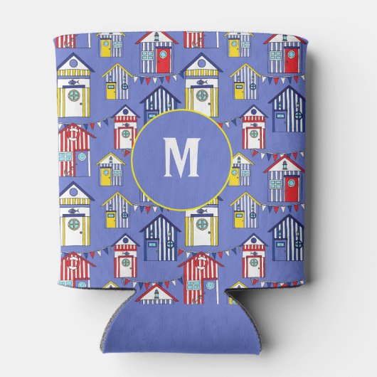 Summer Blue Seaside Beach Huts Print Monogram Blikjeskoeler (Achterkant)