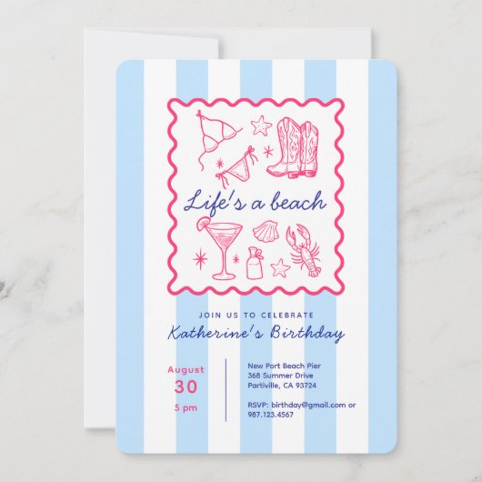 Summer Blue Stripes Beach Life Birthday Party Kaart (Voorkant)