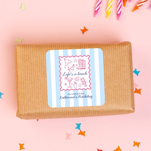 Summer Blue Stripes Life's a Beach Birthday Party Vierkante Sticker