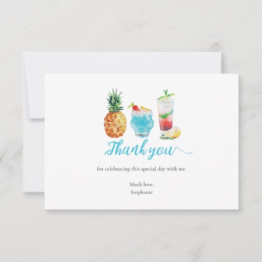 Summer Blue Waterverf Cocktail Verjaardagsfeestje Bedankkaart (Voorkant)