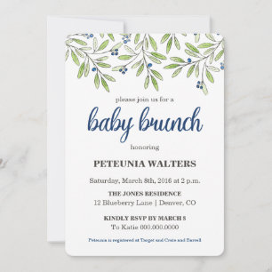 Summer Blueberry Foliage Baby Brunch Invitation Kaart