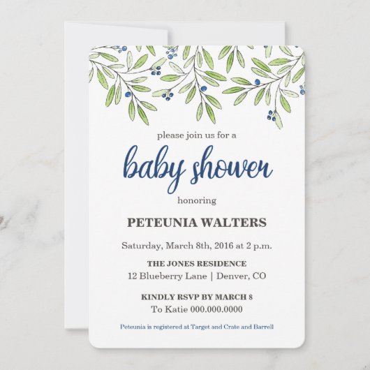 Summer Blueberry Foliage Baby shower Invitation Kaart (Voorkant)
