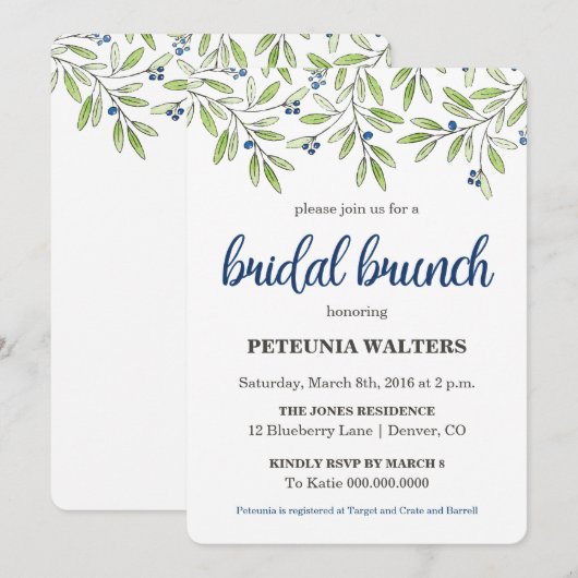 Summer Blueberry Foliage Bridal Brunch Invitation Kaart (Voorkant / Achterkant)