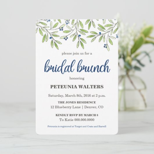 Summer Blueberry Foliage Bridal Brunch Invitation Kaart (Staand voorkant)