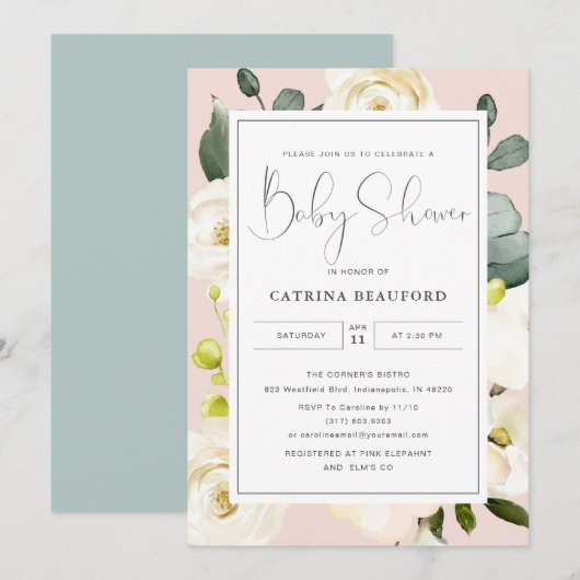 Summer Blush Waterverf Roze Bloemen Baby shower Kaart (Voorkant / Achterkant)