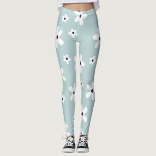 Summer Boho Blue White Daisy Flowers Leggings