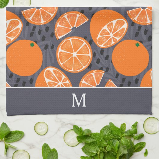 Summer Boho Sinaasappels op grijs monogram Theedoek (Gevouwen)