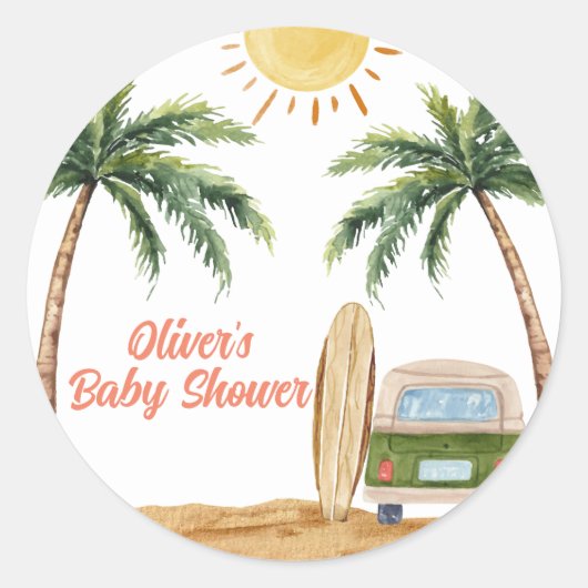 Summer Boho Surf Beach Van Baby shower Ronde Sticker (Voorkant)