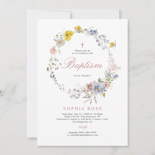 Summer Boho Wildbloemen Baptisme Invitation Kaart (Voorkant)