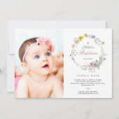 Summer Boho Wildflower Photo Baptism Invitation Kaart (Voorkant)