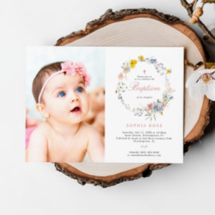 Summer Boho Wildflower Photo Baptism Invitation Kaart
