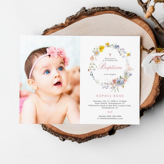 Summer Boho Wildflower Photo Baptism Invitation Kaart