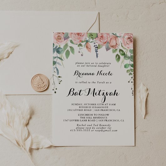 Summer Breeze Floral Calligraphy Bat Mitzvah Kaart