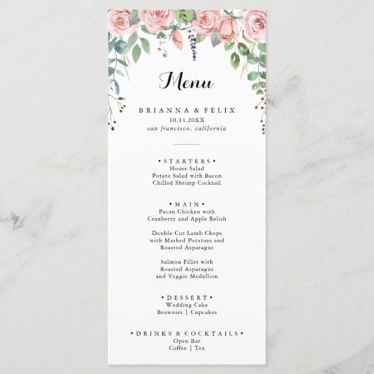 Summer Breeze Floral Calligraphy Dinner Menu (Voorkant)