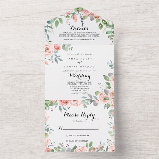 Summer Breeze Floral Calligraphy Wedding All In One Uitnodiging (Binnen)