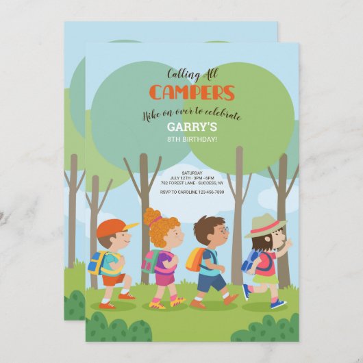 Summer Camp Buddies Verjaardagsuitnodiging Kaart (Voorkant / Achterkant)