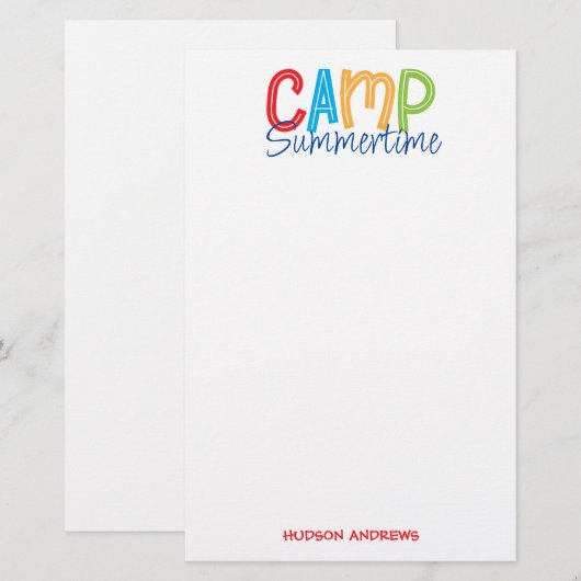Summer Camp Personalized Stationery Briefpapier (Voorkant / Achterkant)