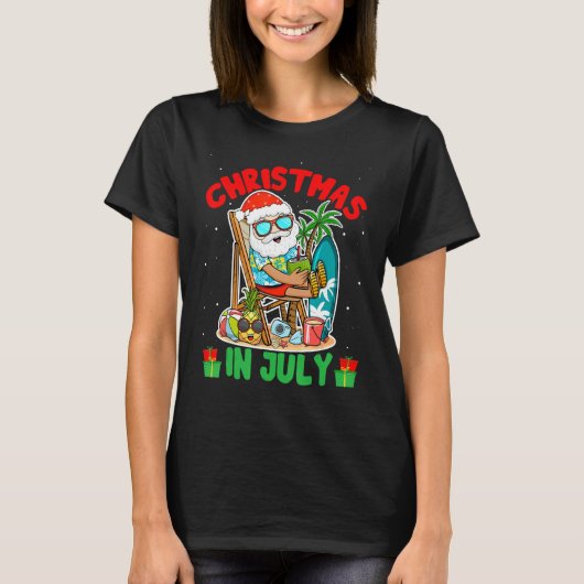 Summer Christmas in July  Tropical Santa Surfing H T-shirt (Voorkant)