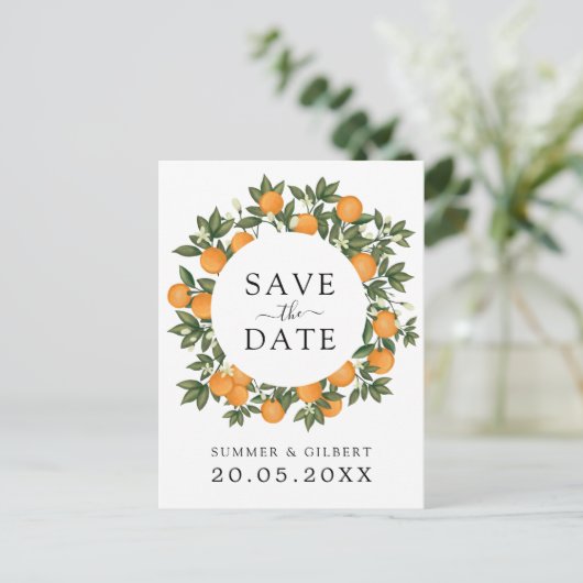 Summer Citrus Clementine Wedding Save the Date Aankondigingskaart (Staand voorkant)