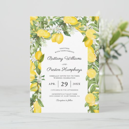 Summer Citrus Lemon Wedding Invitation Kaart (Staand voorkant)