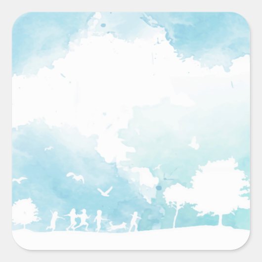 Summer Clouds Blue Sky Kinderen die Waterverf spel Vierkante Sticker (Voorkant)