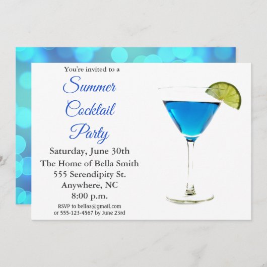Summer Cocktail Party Blue Invitation Kaart (Voorkant / Achterkant)
