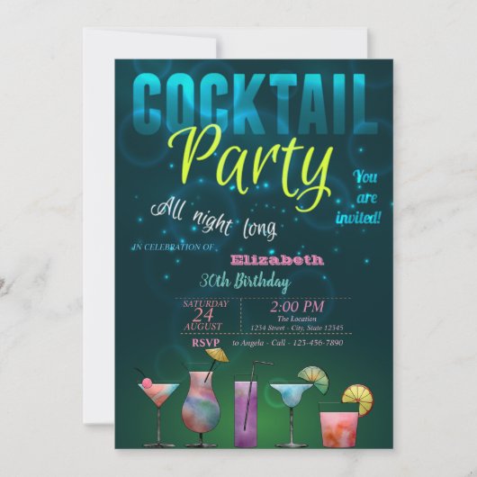 Summer, Cocktail, Pool Birthday Party Kaart (Voorkant)