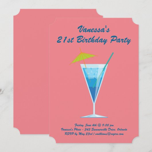 Summer Coral & Blue 21st Birthday Party Invitation Kaart (Voorkant / Achterkant)