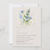 Summer Daisy Blue Floral Botanical Wedding Kaart (Voorkant)