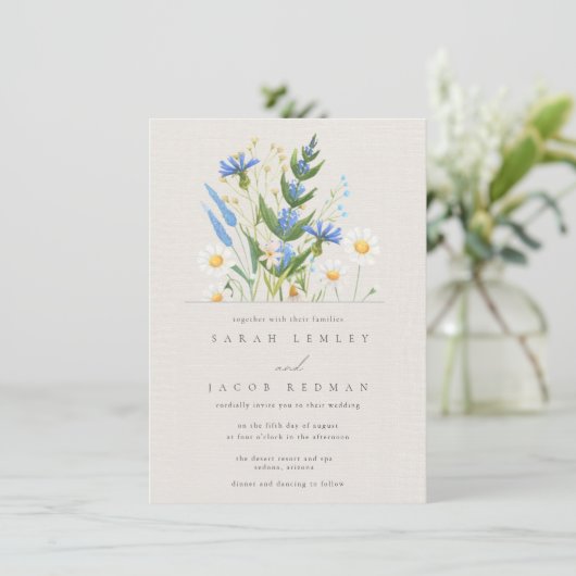 Summer Daisy Blue Floral Botanical Wedding Kaart (Staand voorkant)