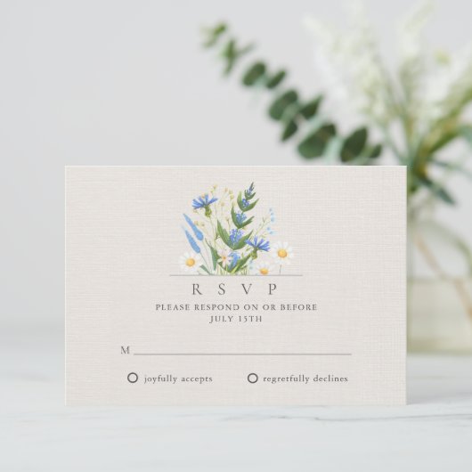 Summer Daisy Blue Floral Botanical Wedding RSVP Kaartje (Staand voorkant)