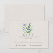 Summer Daisy Blue Floral Botanical Wedding RSVP Kaartje (Voorkant / Achterkant)