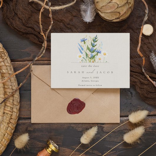 Summer Daisy Blue Floral Botanical Wedding Save The Date